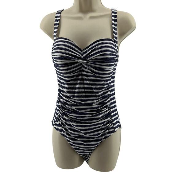 Nip Tuck Swim One Piece Bathing Suit Navy White Stripe Slimming Womens 8 - Picture 1 of 7